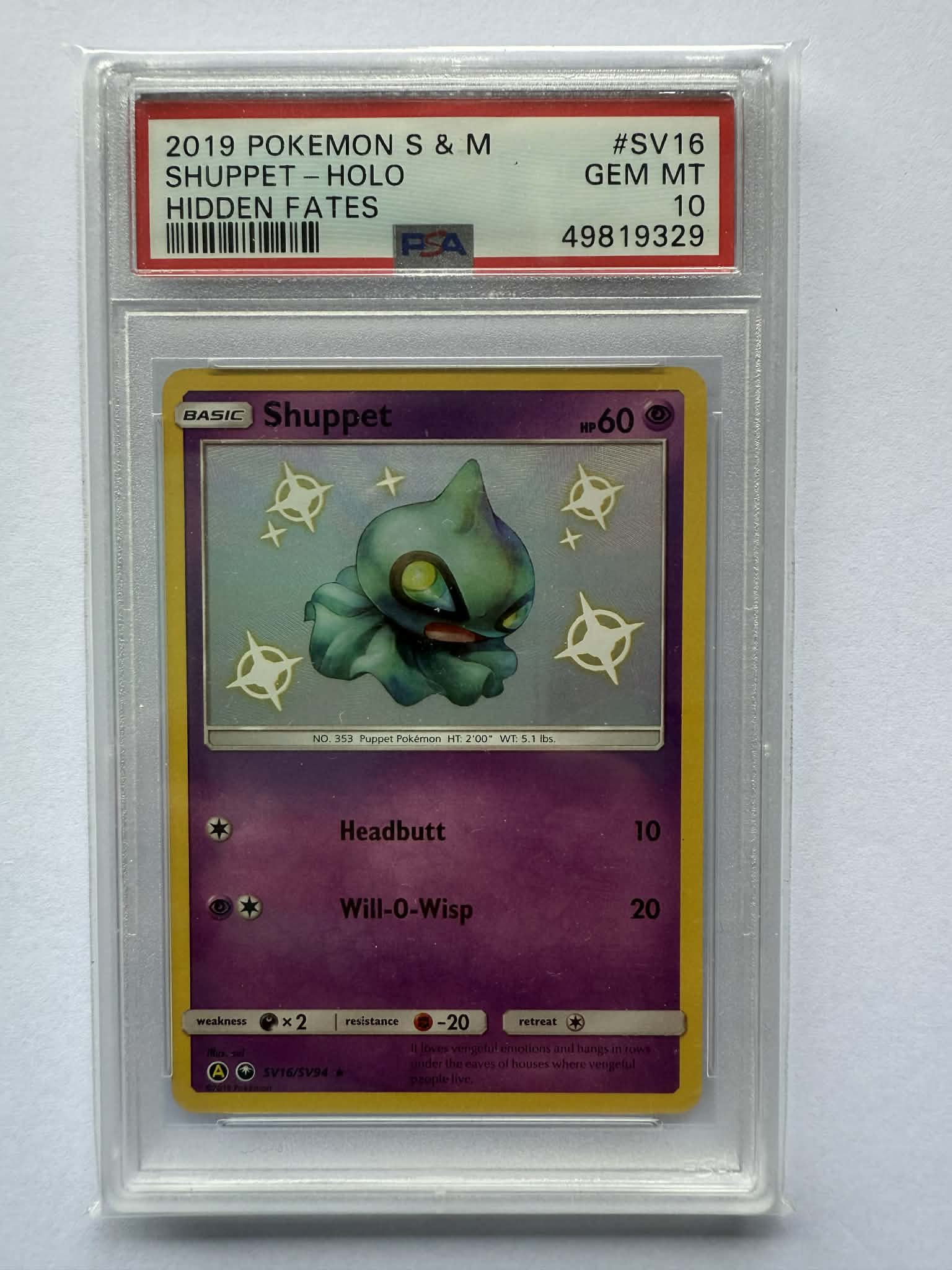 Hidden Fates - Card #16- Shuppet - Graded Mint 10